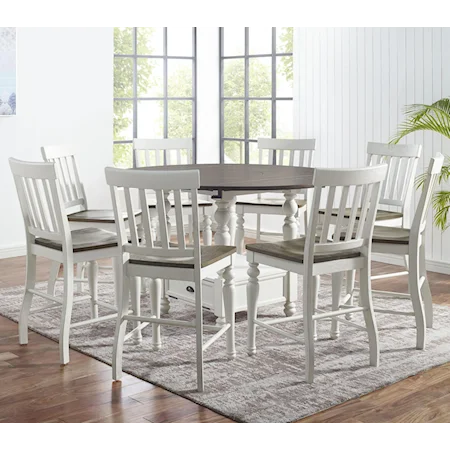 9-Piece Farmhouse Round Counter Table Set with Drop Leaves and  Lazy Susan